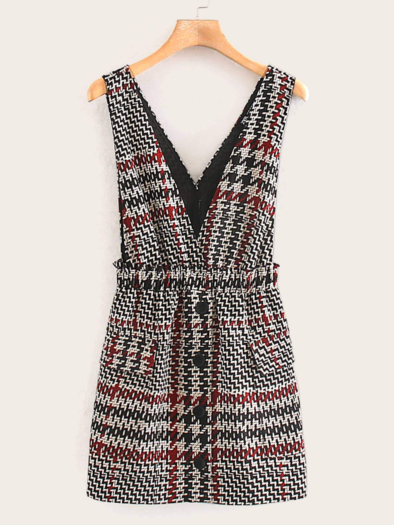 Tweed Frill Trim Button Front Pinafore Dress