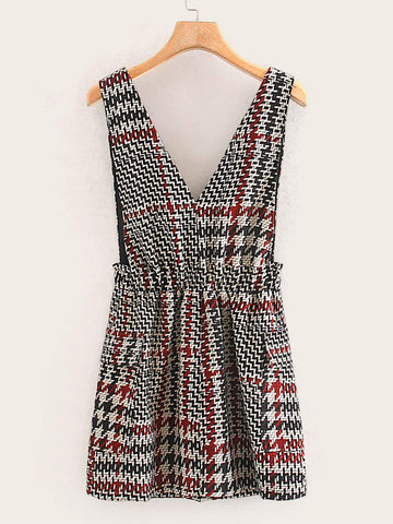 Tweed Frill Trim Button Front Pinafore Dress