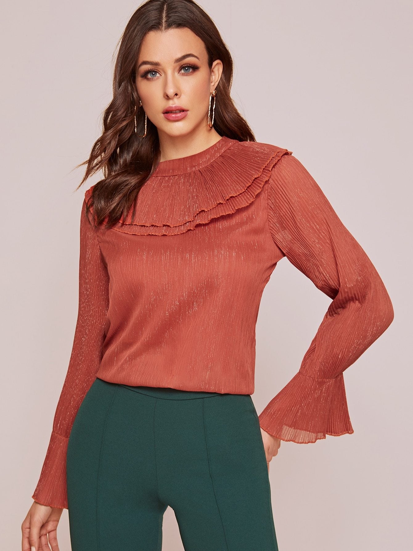 Solid Pleated Flounce Sleeve Blouse