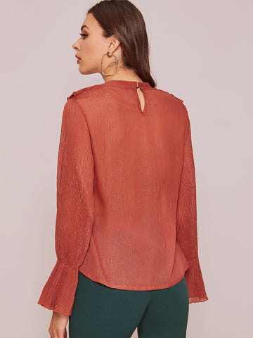 Solid Pleated Flounce Sleeve Blouse