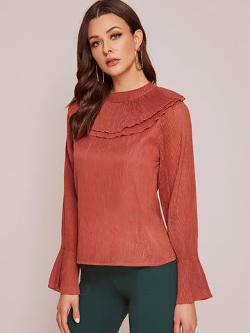 Solid Pleated Flounce Sleeve Blouse