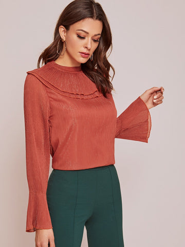 Solid Pleated Flounce Sleeve Blouse