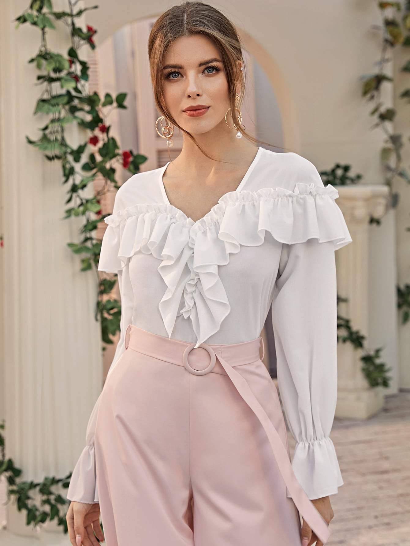 Flounce Sleeve Ruffle Trim Solid Top