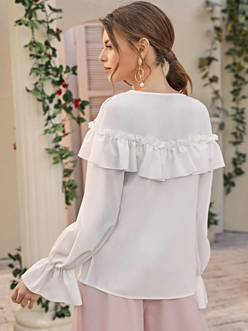 Flounce Sleeve Ruffle Trim Solid Top