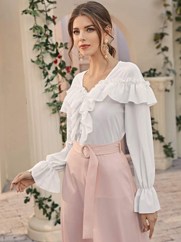 Flounce Sleeve Ruffle Trim Solid Top