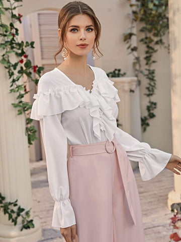 Flounce Sleeve Ruffle Trim Solid Top