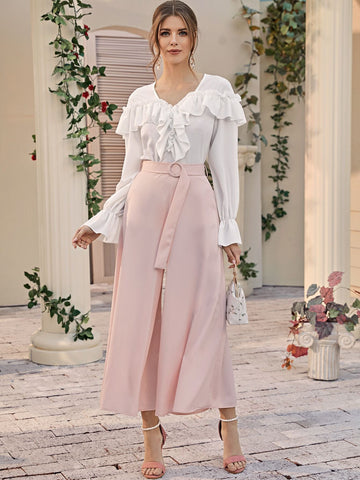 Flounce Sleeve Ruffle Trim Solid Top