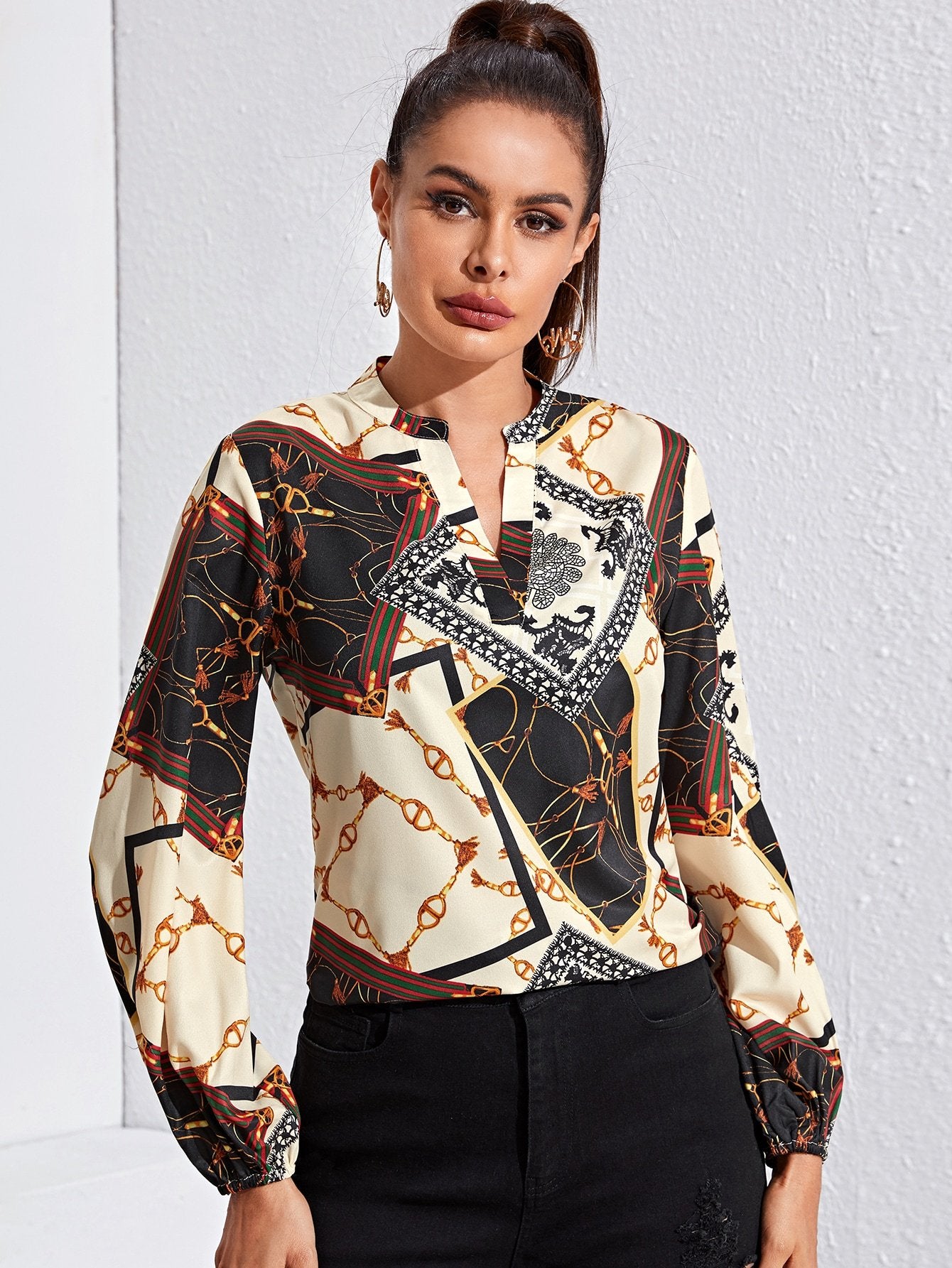 Notched Neckline Chain & Scarf Print Top