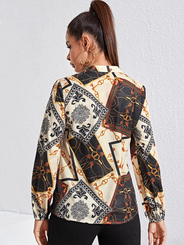 Notched Neckline Chain & Scarf Print Top