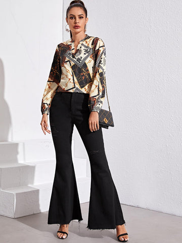 Notched Neckline Chain & Scarf Print Top