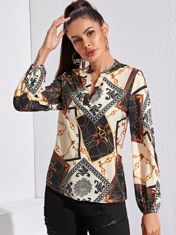 Notched Neckline Chain & Scarf Print Top