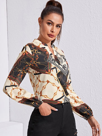 Notched Neckline Chain & Scarf Print Top