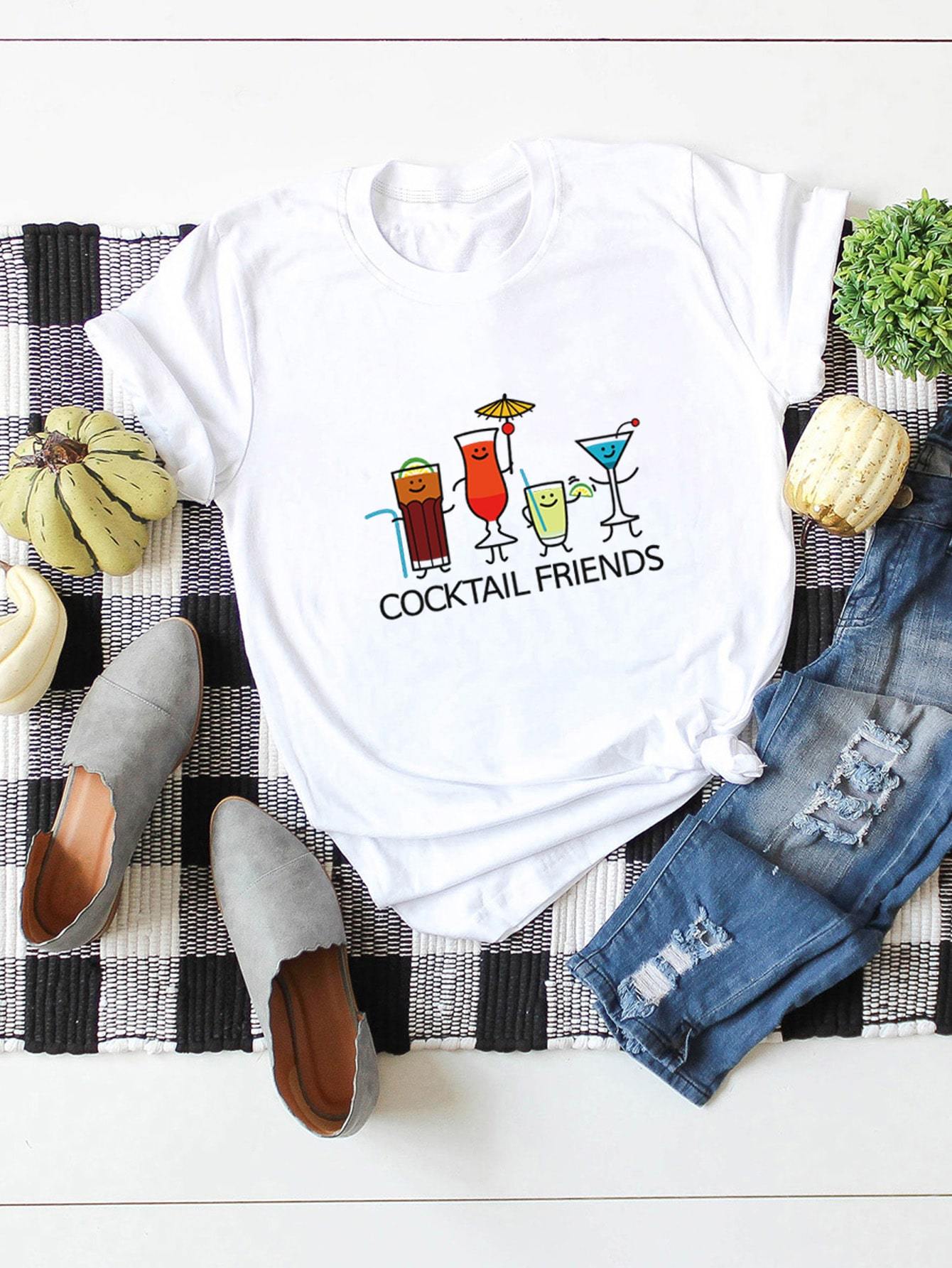 Cartoon Cocktail And Slogan Print Tee