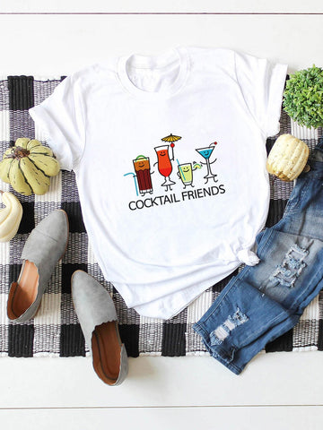 Cartoon Cocktail And Slogan Print Tee