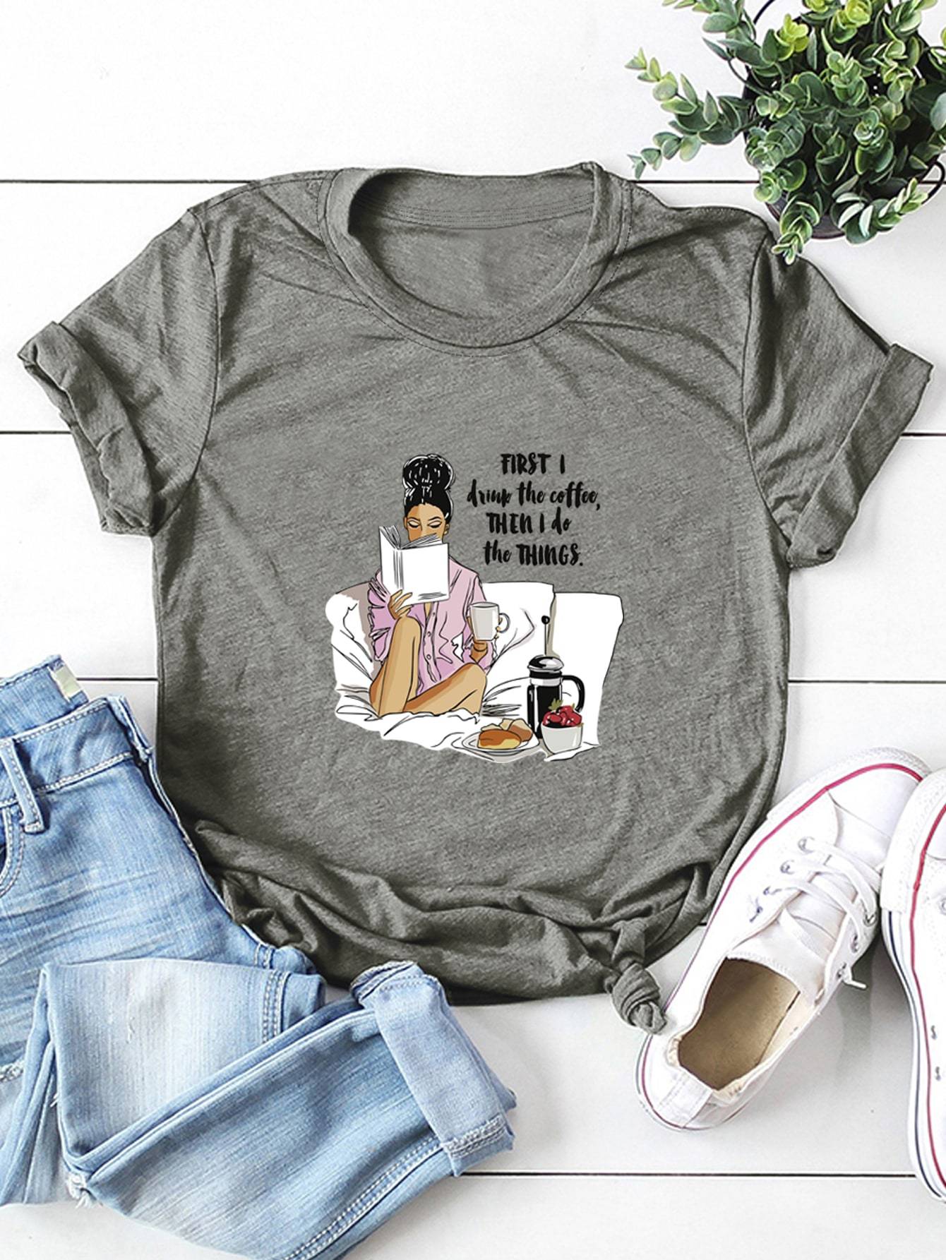 Slogan And Figure Print Tee