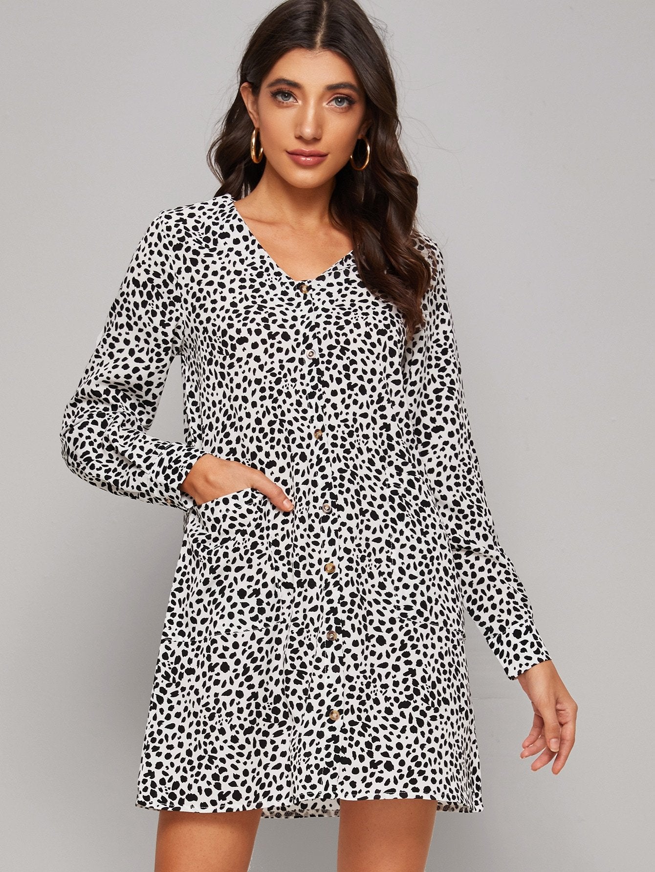 Button Front Dalmatian Print Dress