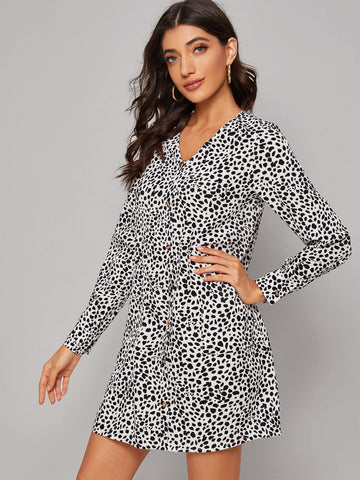 Button Front Dalmatian Print Dress