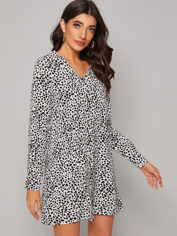 Button Front Dalmatian Print Dress