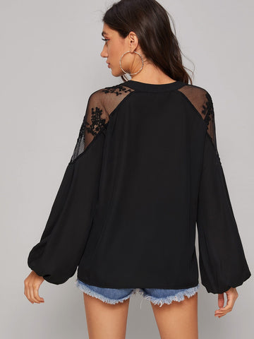 Tie Neck Embroidered Mesh Blouson Sleeve Top
