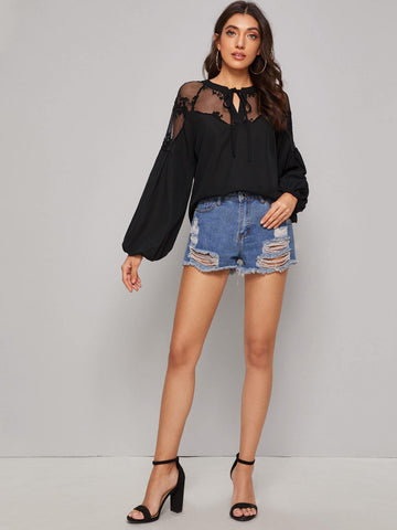 Tie Neck Embroidered Mesh Blouson Sleeve Top