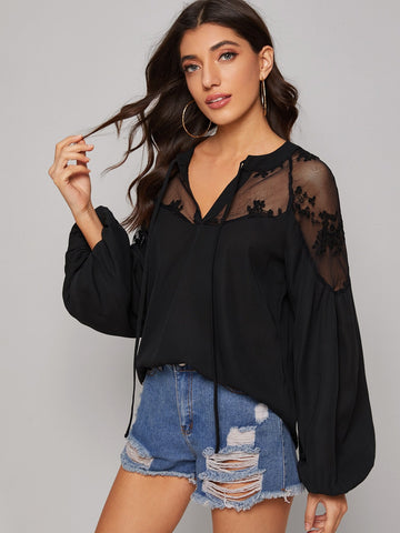 Tie Neck Embroidered Mesh Blouson Sleeve Top