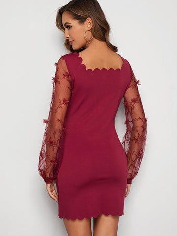 Sheer Embroidery Mesh Sleeve Scallop Neck Bodycon Dress