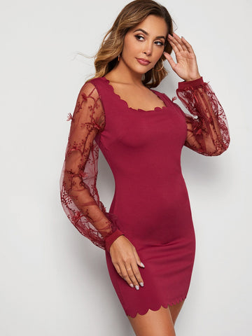 Sheer Embroidery Mesh Sleeve Scallop Neck Bodycon Dress