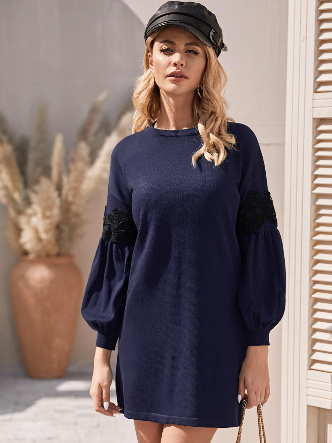 Blouson Sleeve Appliques Detail Jumper Dress