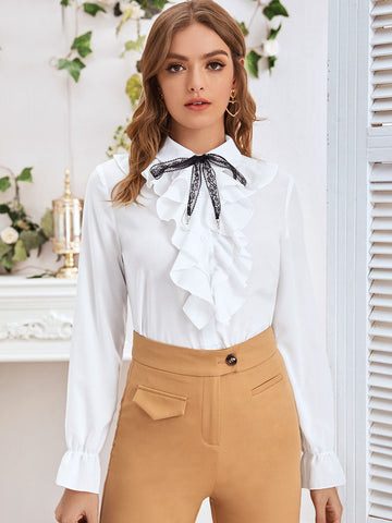 Tie Neck Flounce Sleeve Ruffle Trim Blouse