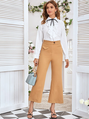 Tie Neck Flounce Sleeve Ruffle Trim Blouse