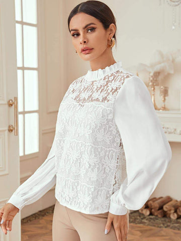 Frill Collar Keyhole Back Lace Blouse