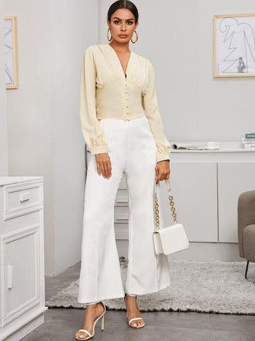 Plunge Neck Button Front Crop Blouse