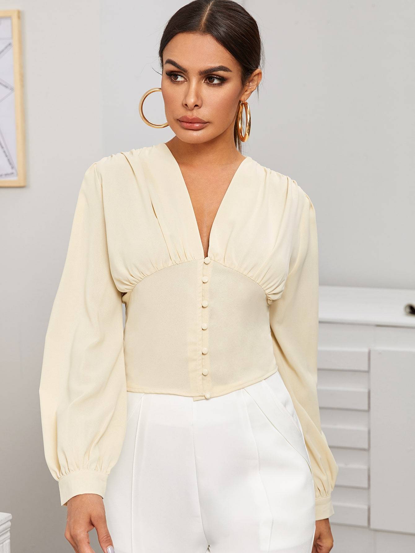 Plunge Neck Button Front Crop Blouse