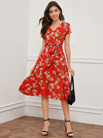 Floral Print Belted Dress