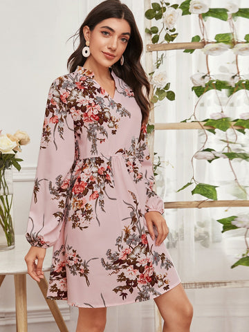 Notched Floral Print Dress