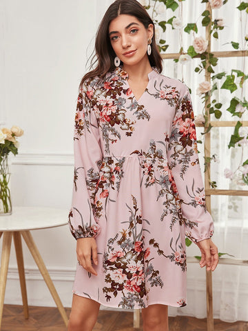 Notched Floral Print Dress