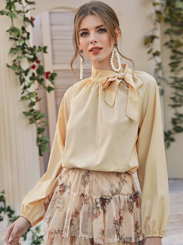Tie Neck Raglan Sleeve Solid Blouse