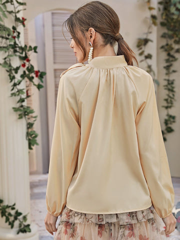 Tie Neck Raglan Sleeve Solid Blouse