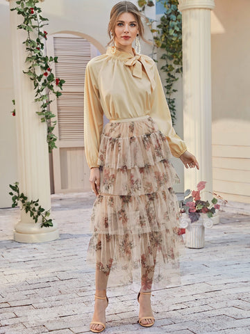 Tie Neck Raglan Sleeve Solid Blouse