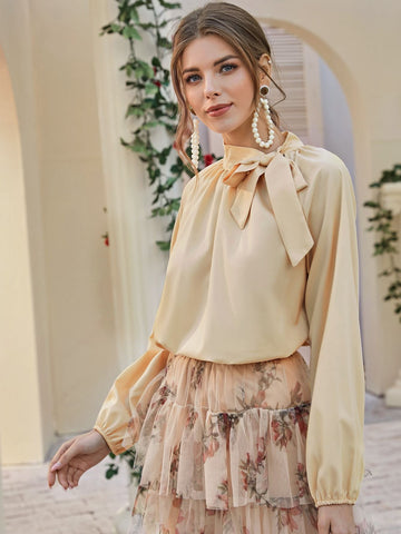 Tie Neck Raglan Sleeve Solid Blouse