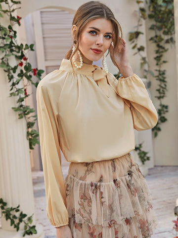 Tie Neck Raglan Sleeve Solid Blouse