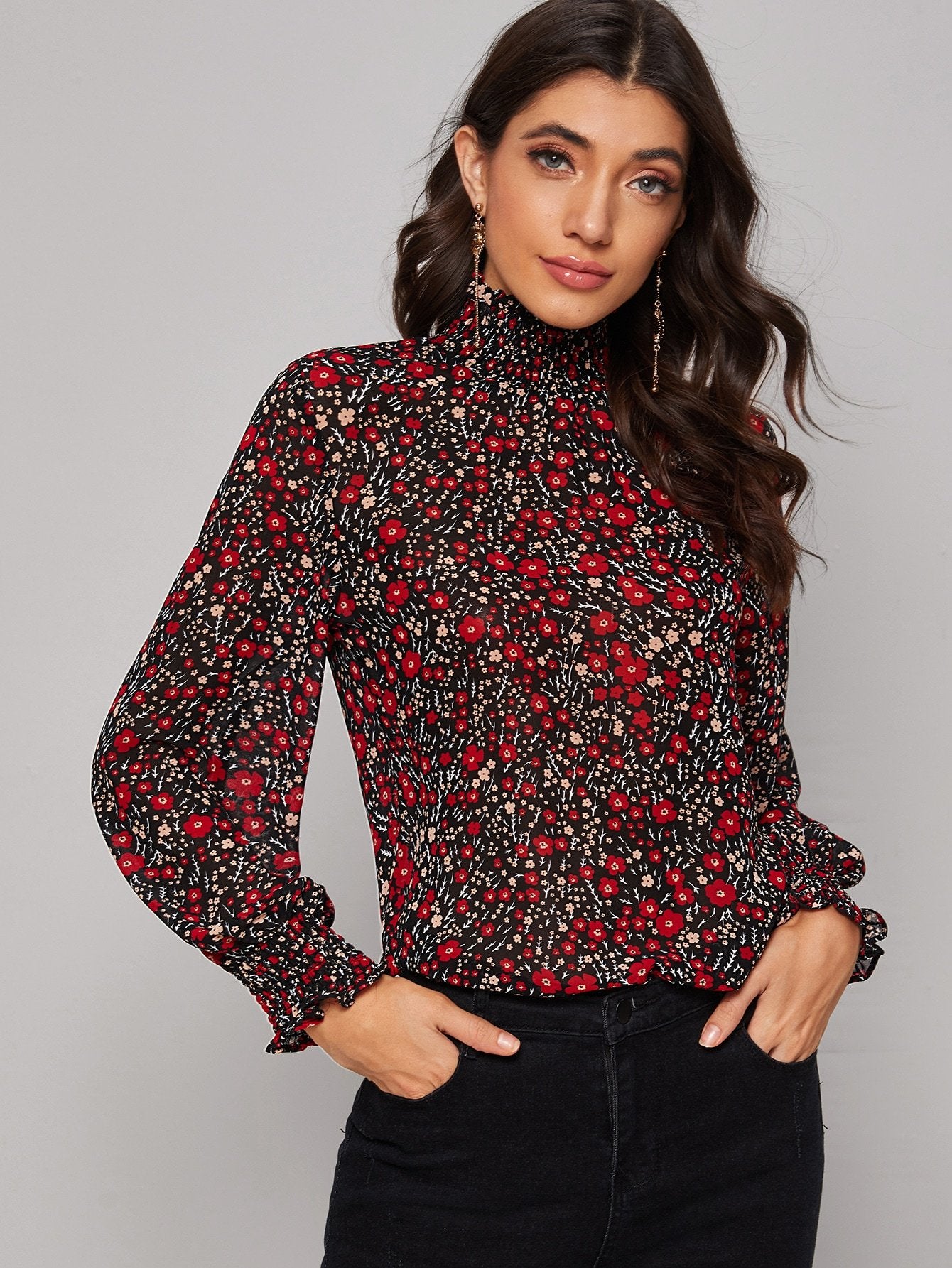 Ditsy Floral Print Shirred Frill Collar Blouse