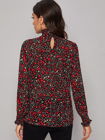 Ditsy Floral Print Shirred Frill Collar Blouse
