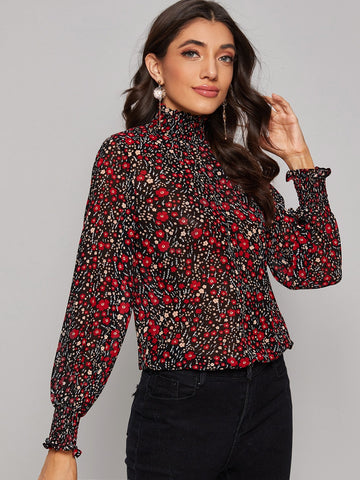Ditsy Floral Print Shirred Frill Collar Blouse