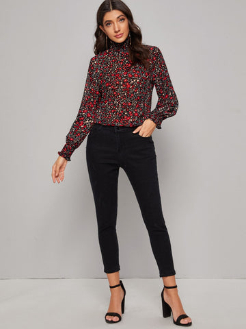 Ditsy Floral Print Shirred Frill Collar Blouse