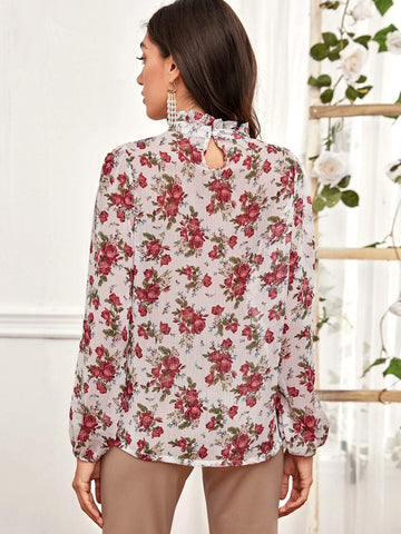Mock Neck Floral Print Keyhole Back Frill Blouse