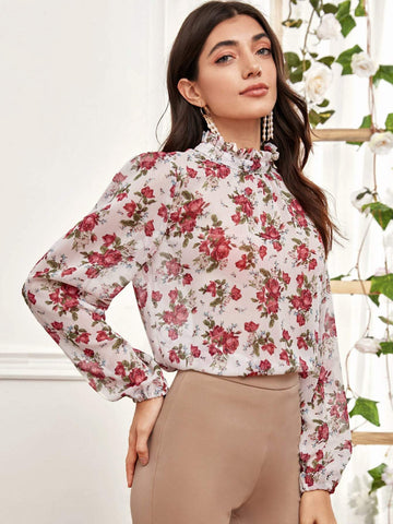 Mock Neck Floral Print Keyhole Back Frill Blouse