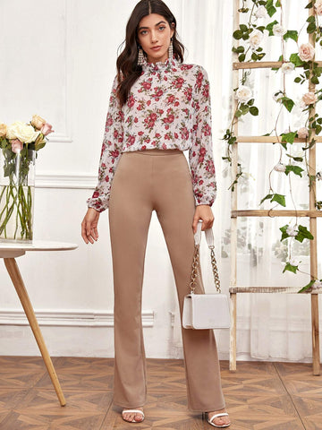 Mock Neck Floral Print Keyhole Back Frill Blouse
