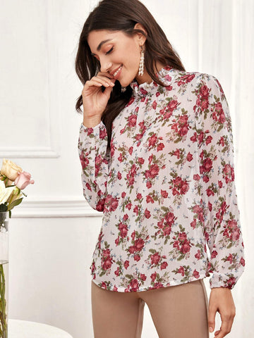 Mock Neck Floral Print Keyhole Back Frill Blouse