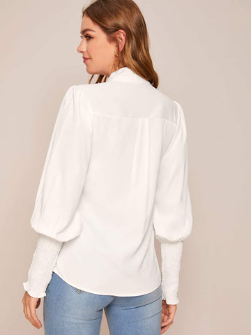 Solid Tie Neck Shirred Puff Sleeve Blouse